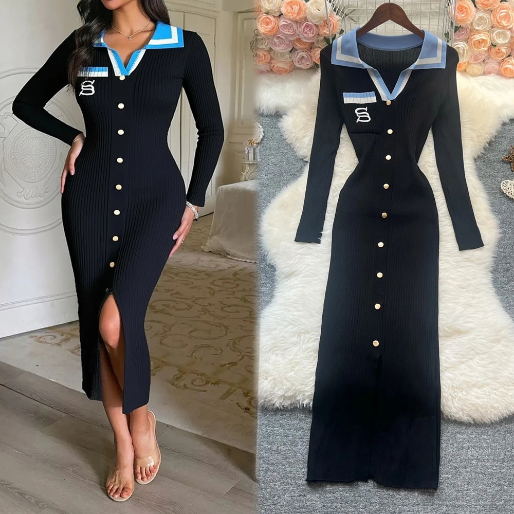 Embroidered Knit Party Sweater Dress
