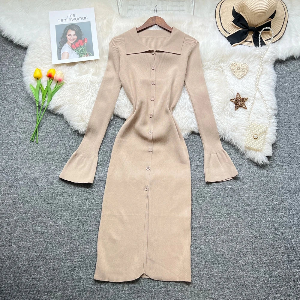 Button-Front Knit Shirt Sweater Dress