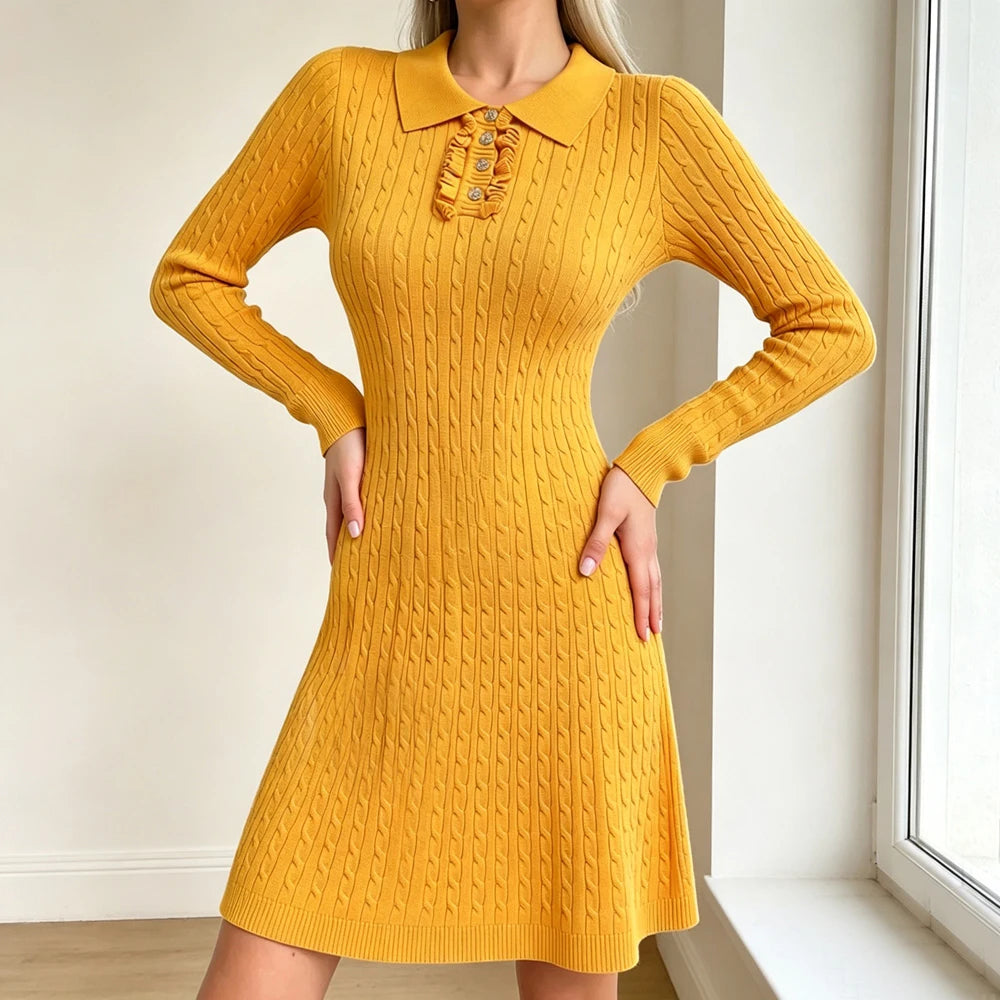 Collared Knit A-Line Shirt Sweater Dress