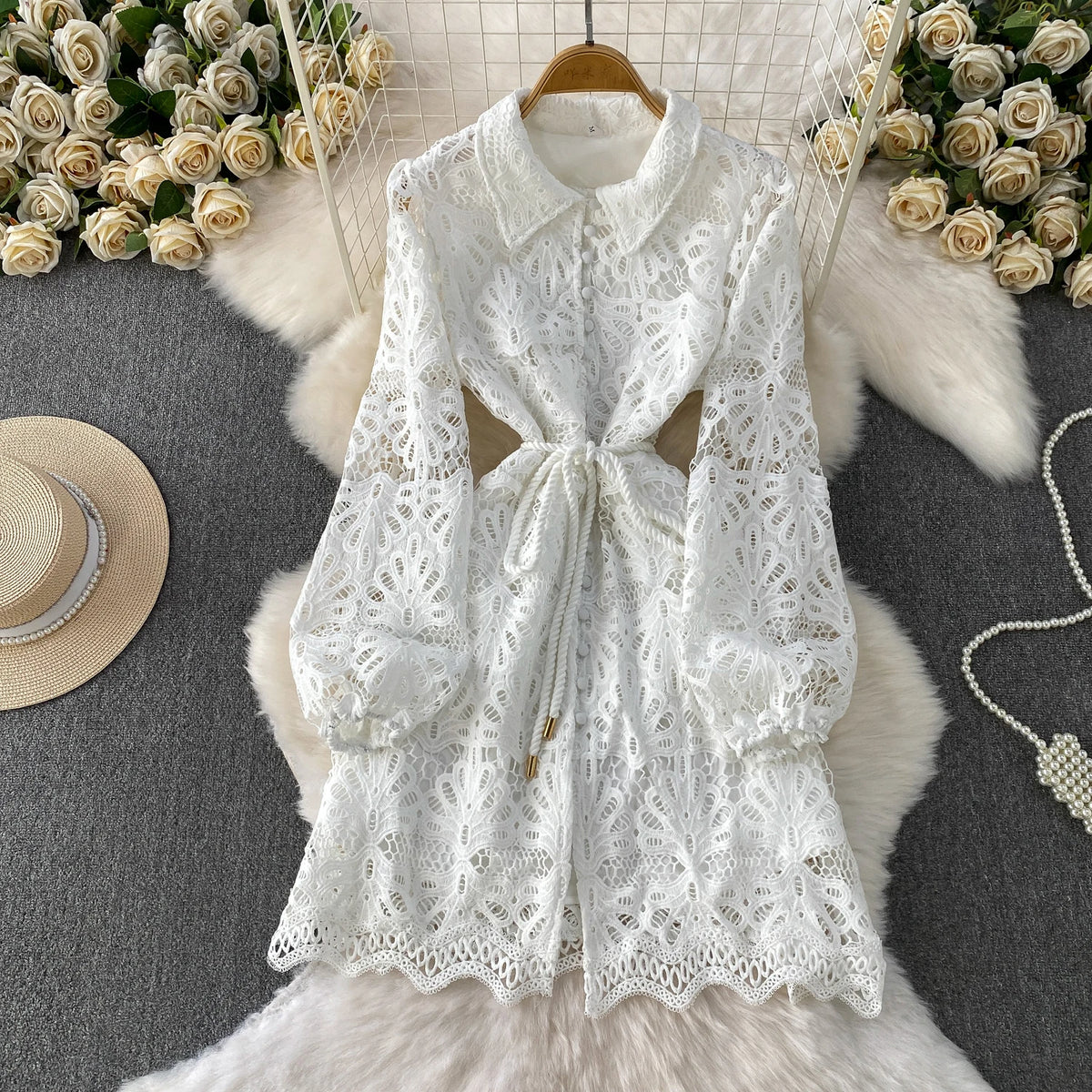 Lace Cutout Long Sleeve Vintage Dress