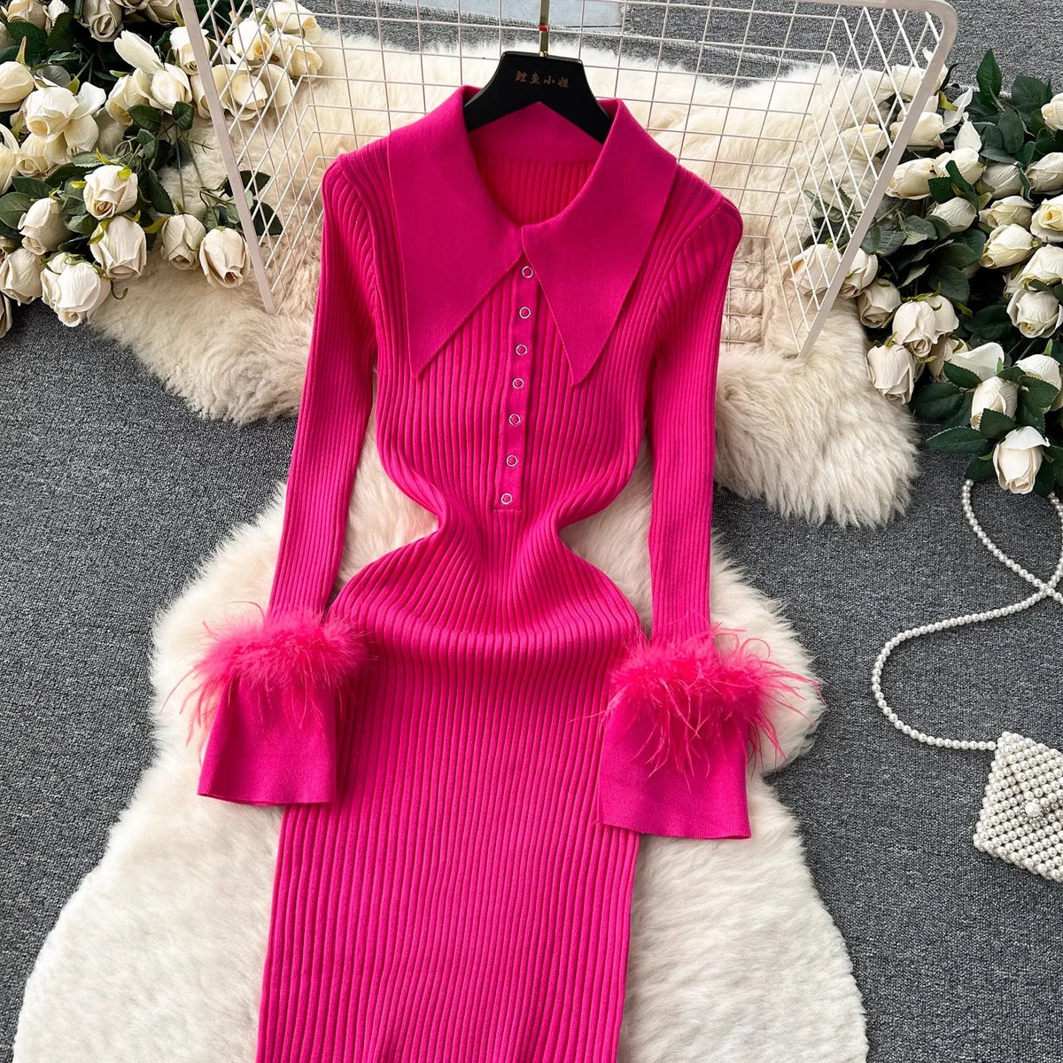Fur Trim Collared Knit Bodycon Maxi Dress