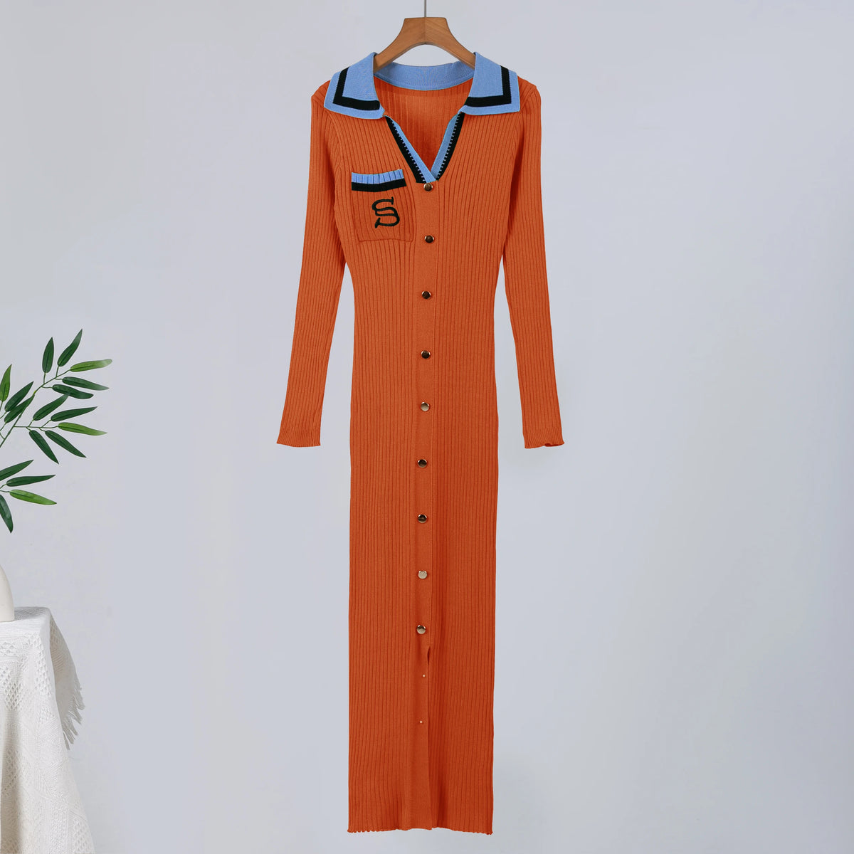 Embroidered Knit Bodycon Maxi Sweater Dress