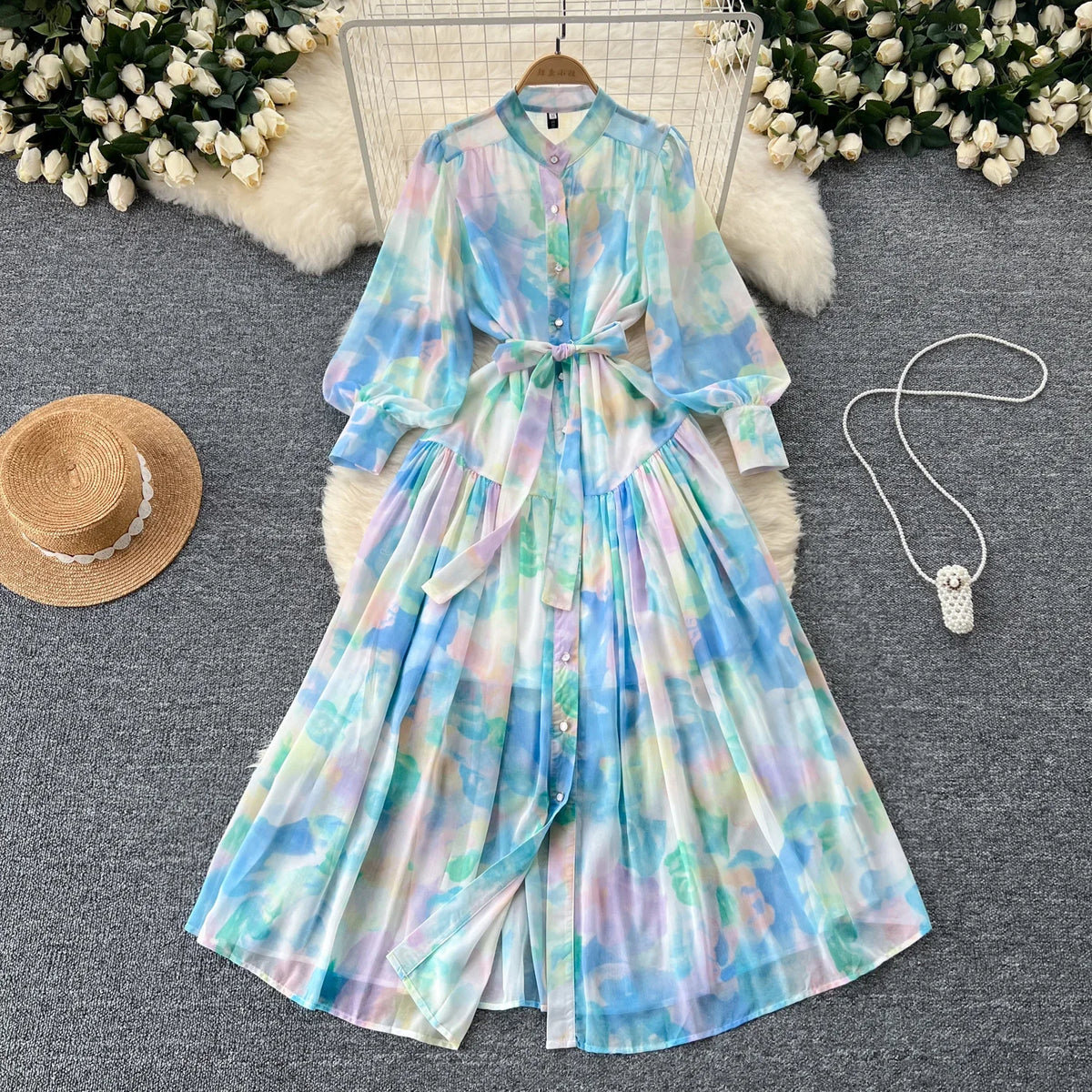 Print Chiffon Lantern Sleeve Shirt Dress