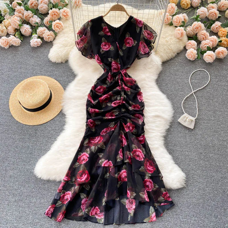 Chiffon Print V-Neck Ruffle Mermaid Dress