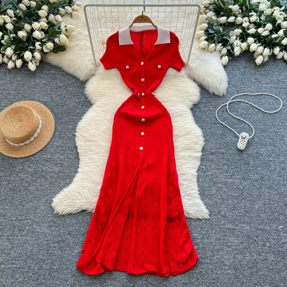 Patchwork Button Front Knit Maxi Dress