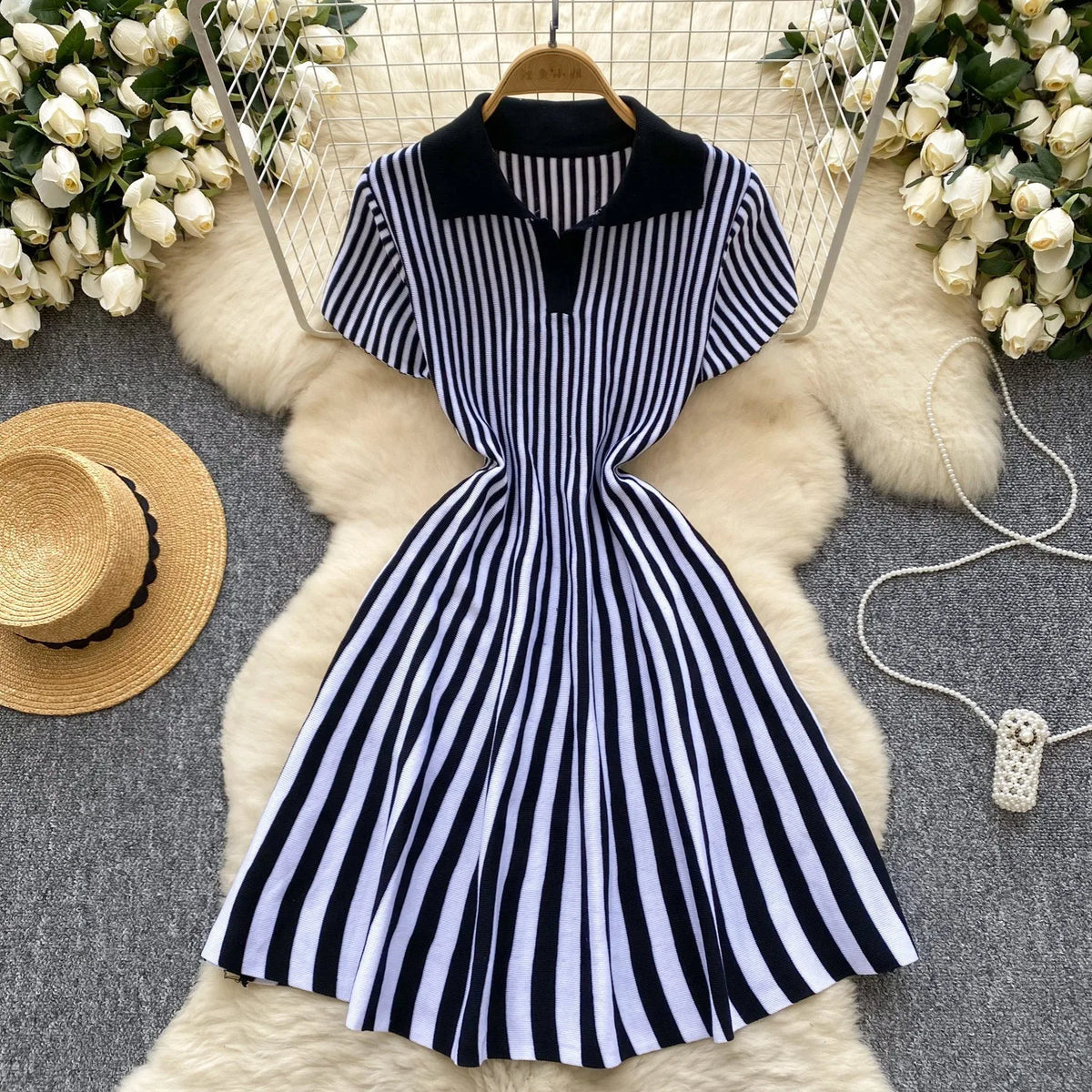 Striped Knit Mini Shirt Dress