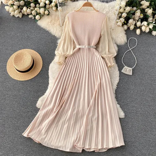 Belted Chiffon Puff Sleeve A-Line Dress