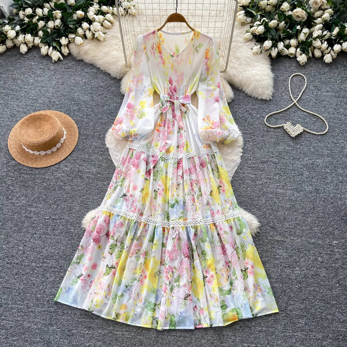 Print Cutout Pleated Swing Maxi Dress