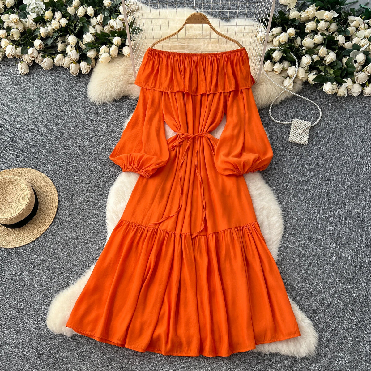 Ruched Ruffle Boat Neck Party Dress
