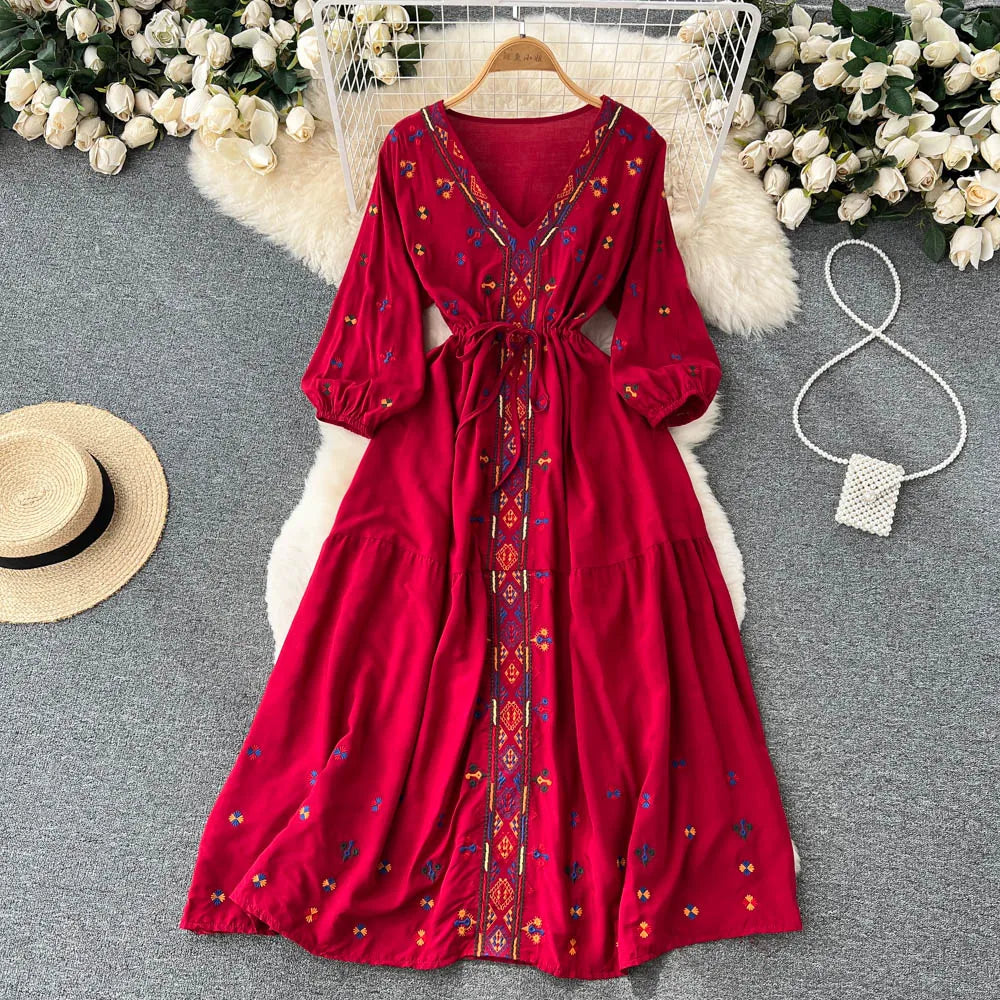 Embroidered V-Neck Lantern Sleeve Dress