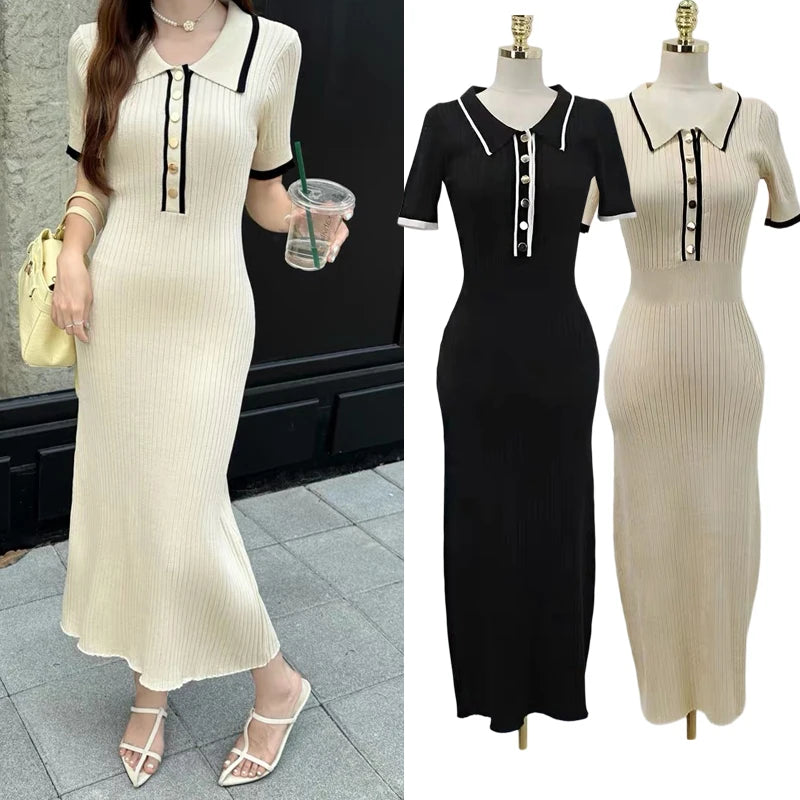 Collared Knit Maxi Shirt Sweater Dress