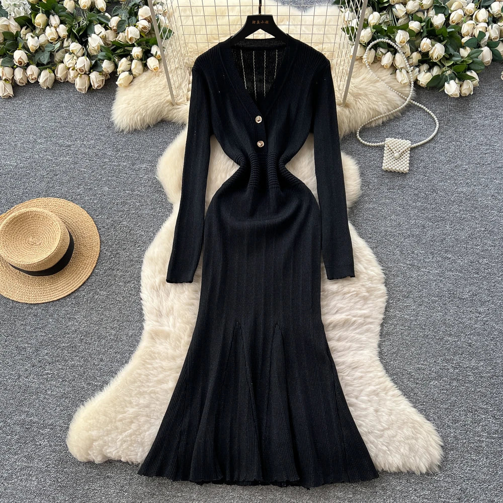 V-Neck Long Sleeve High Waist A-Line Dress