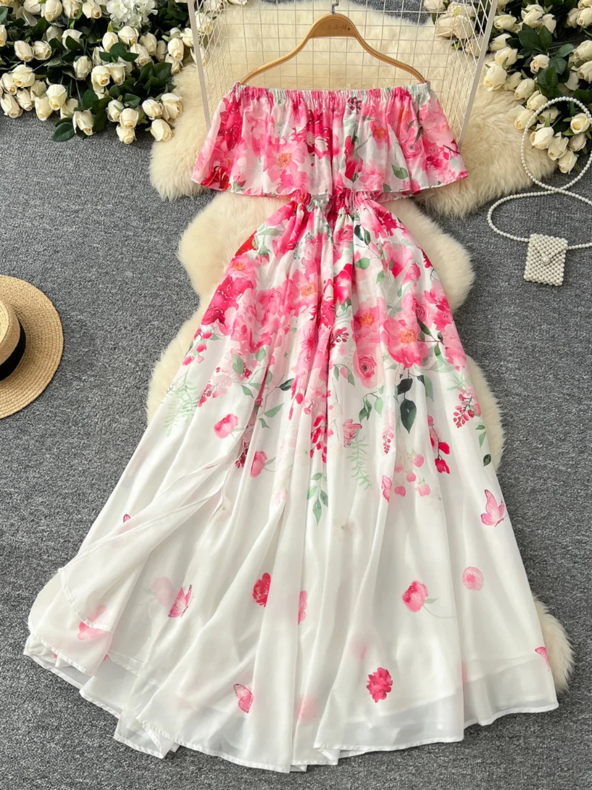 Floral Chiffon Pleated Boat Neck Maxi Dress
