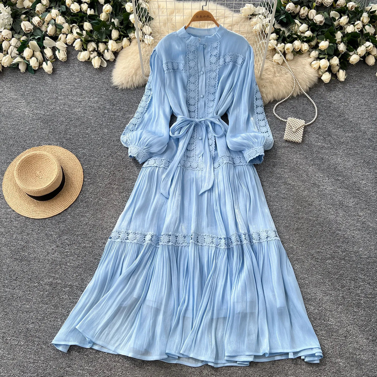 Jacquard Puff Sleeve Ruffle Swing Dress