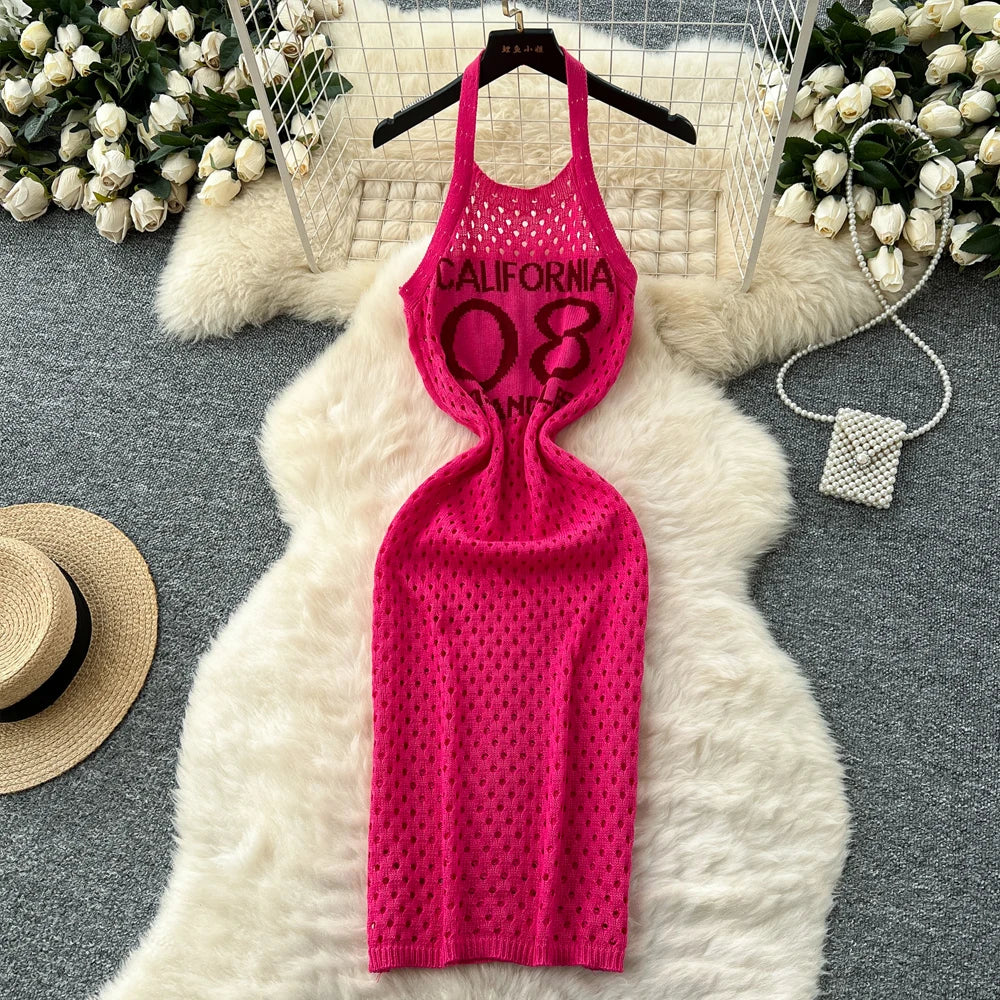 Letter Print Halter Knit Beach Dress