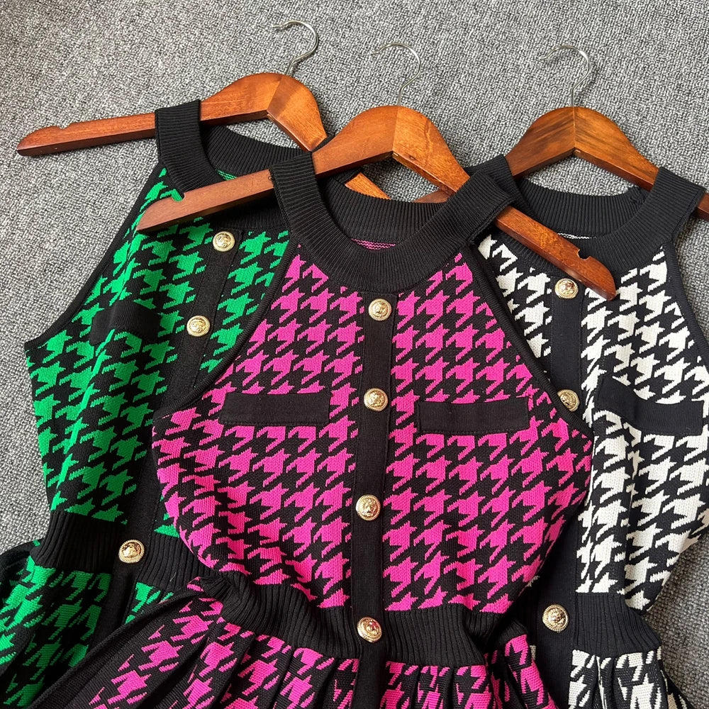 Houndstooth Pleated Knit Mini Dress
