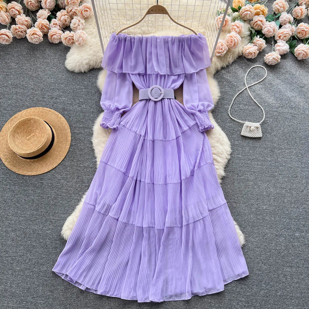 Off-Shoulder Pleated Long Sleeve Sundress