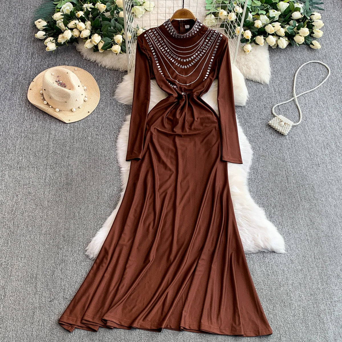 Rhinestone Long Sleeve Maxi Dress