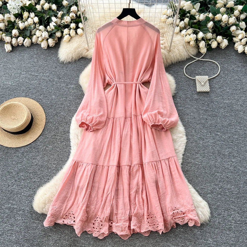 Embroidered Lantern Sleeve Party Dress