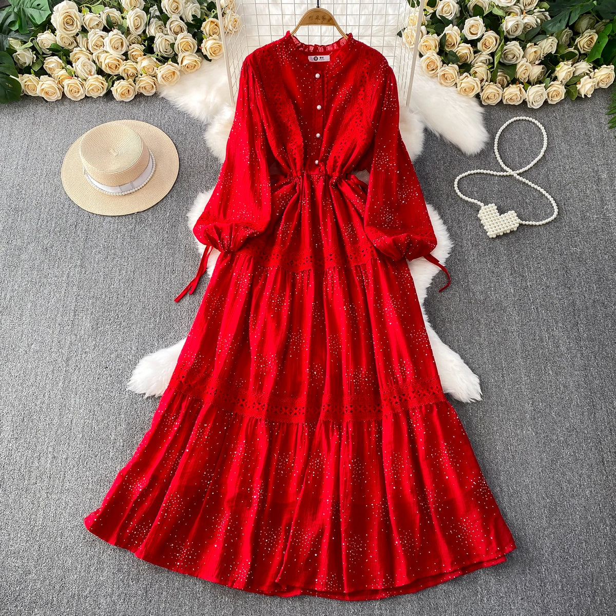 Lace Drawstring Ruched Boho Long Dress