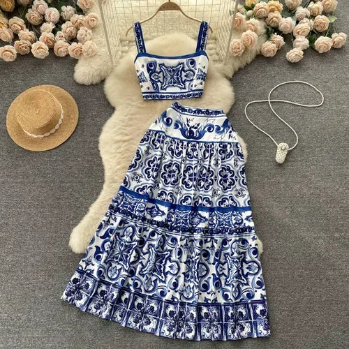 Print Off-Shoulder Top and Pleated Skirt Set