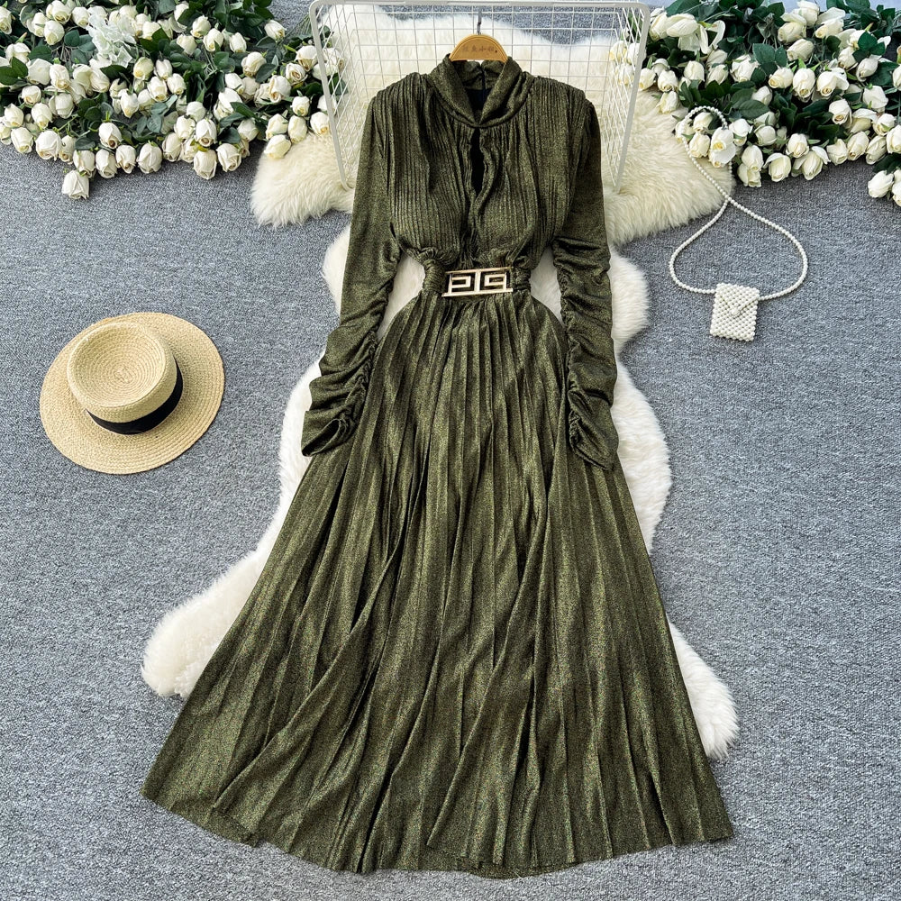 Pleated Long Sleeve A-Line Dress