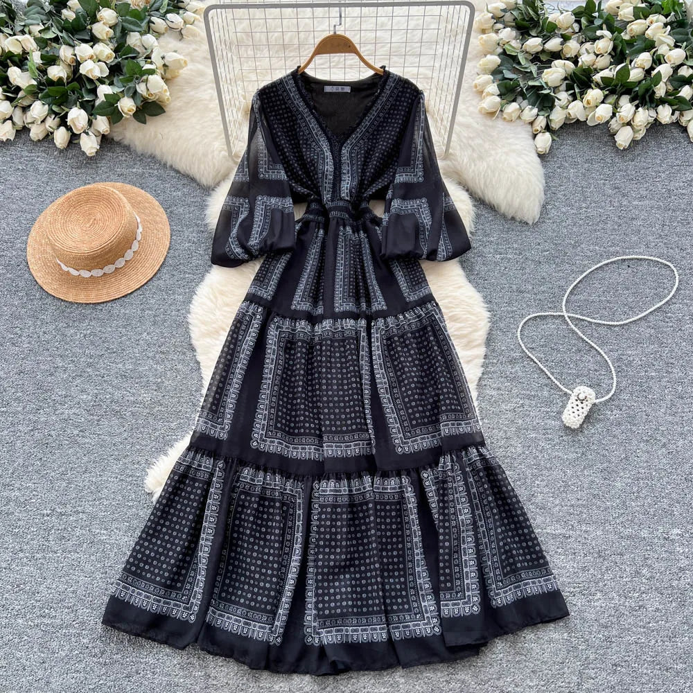 Boho Ruffle Print V-Neck Maxi Dress