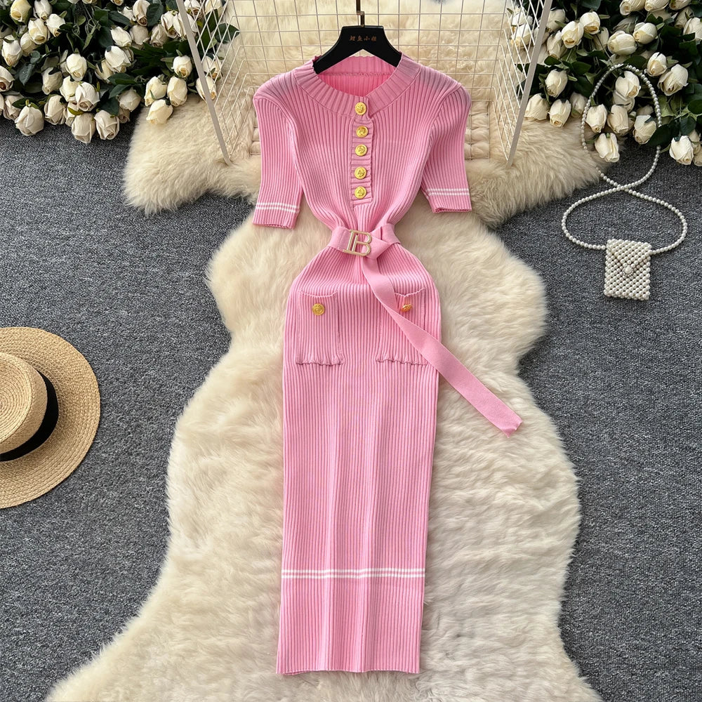 Belted Button Front Knit Maxi Dress