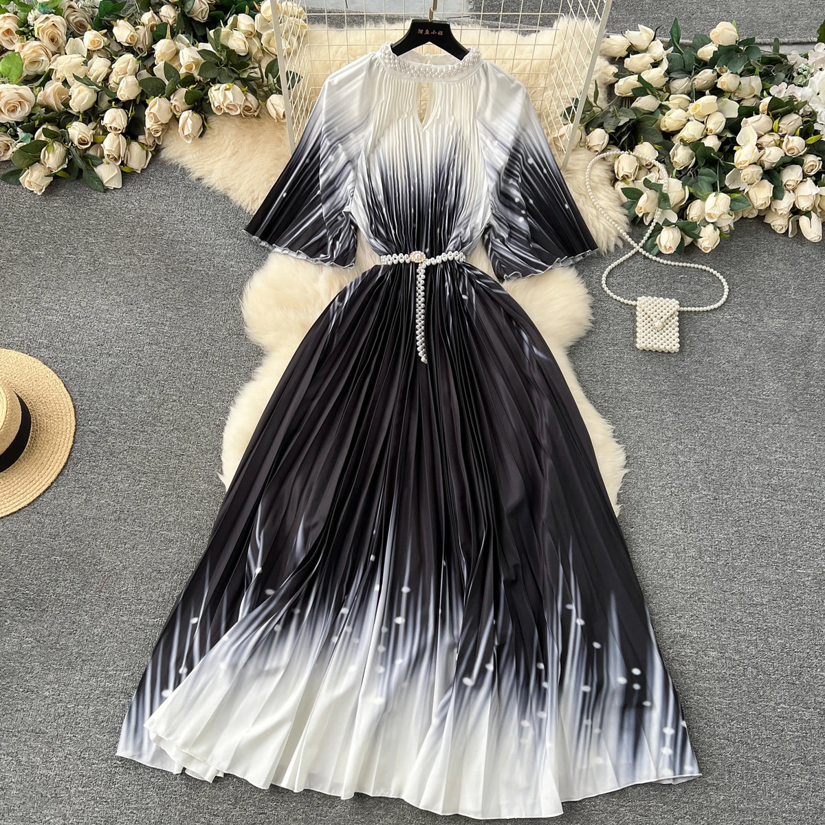 Beaded Print Pleated A-Line Dress