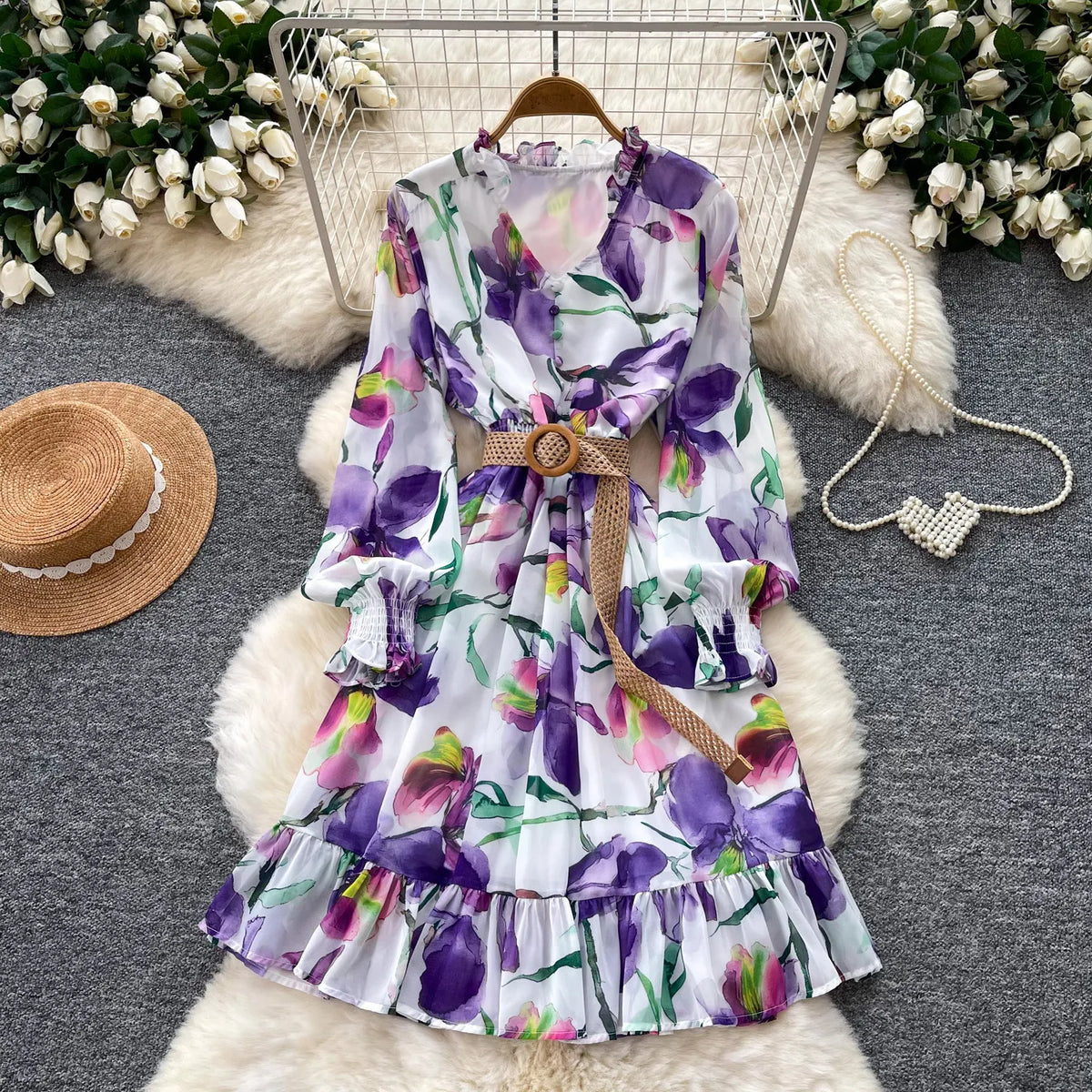 Print Chiffon Lantern Sleeve Midi Dress