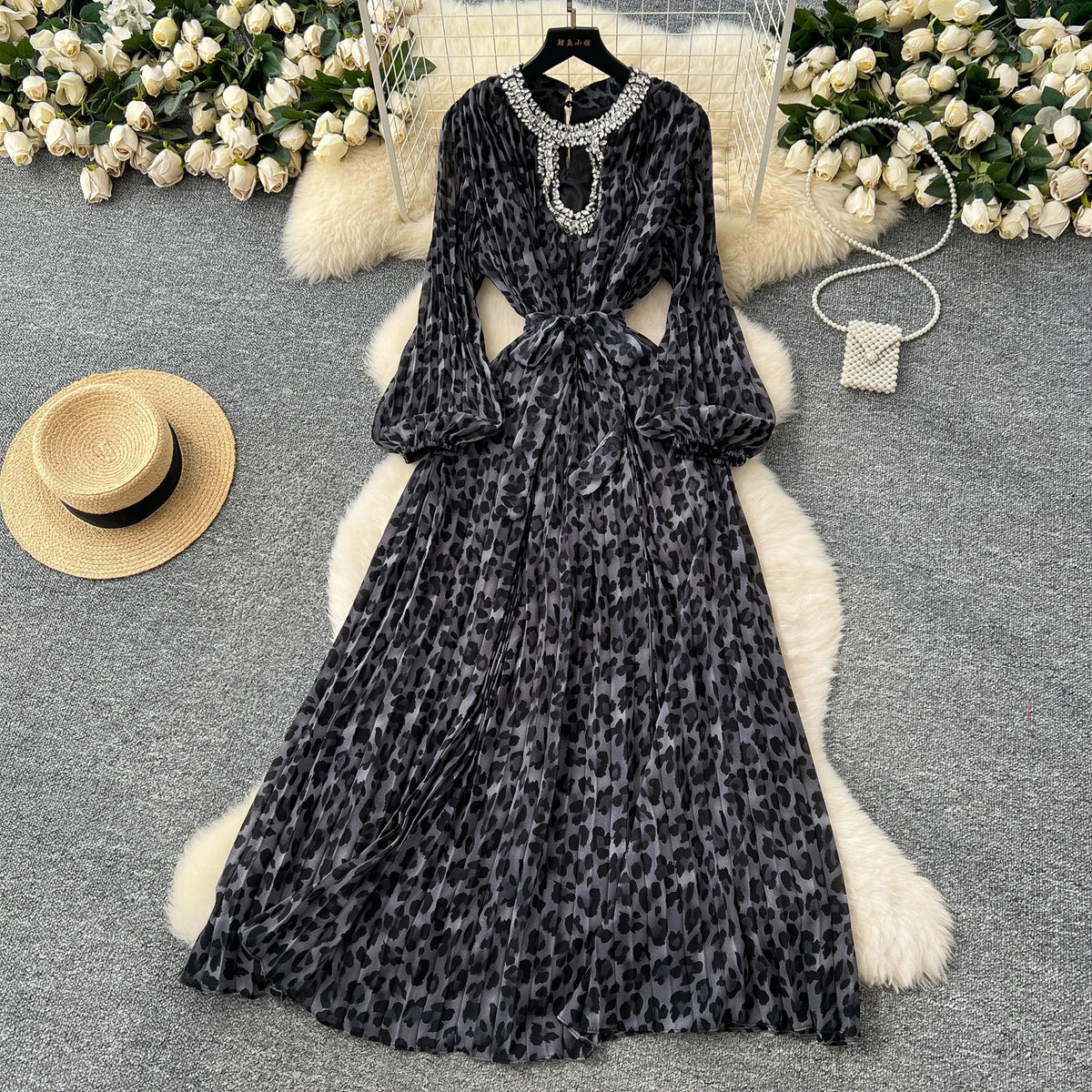Leopard Rhinestone High Waist Party Dress