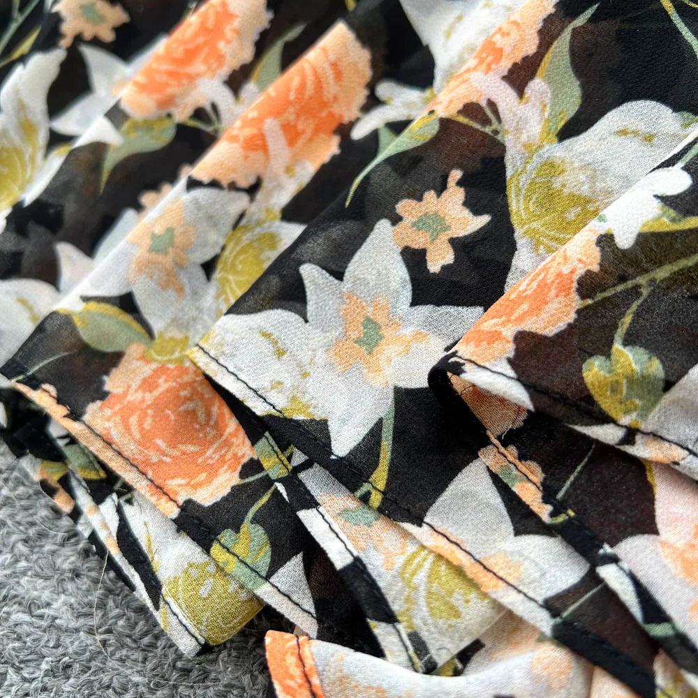 Print Lantern Sleeve High Waist Beach Dress
