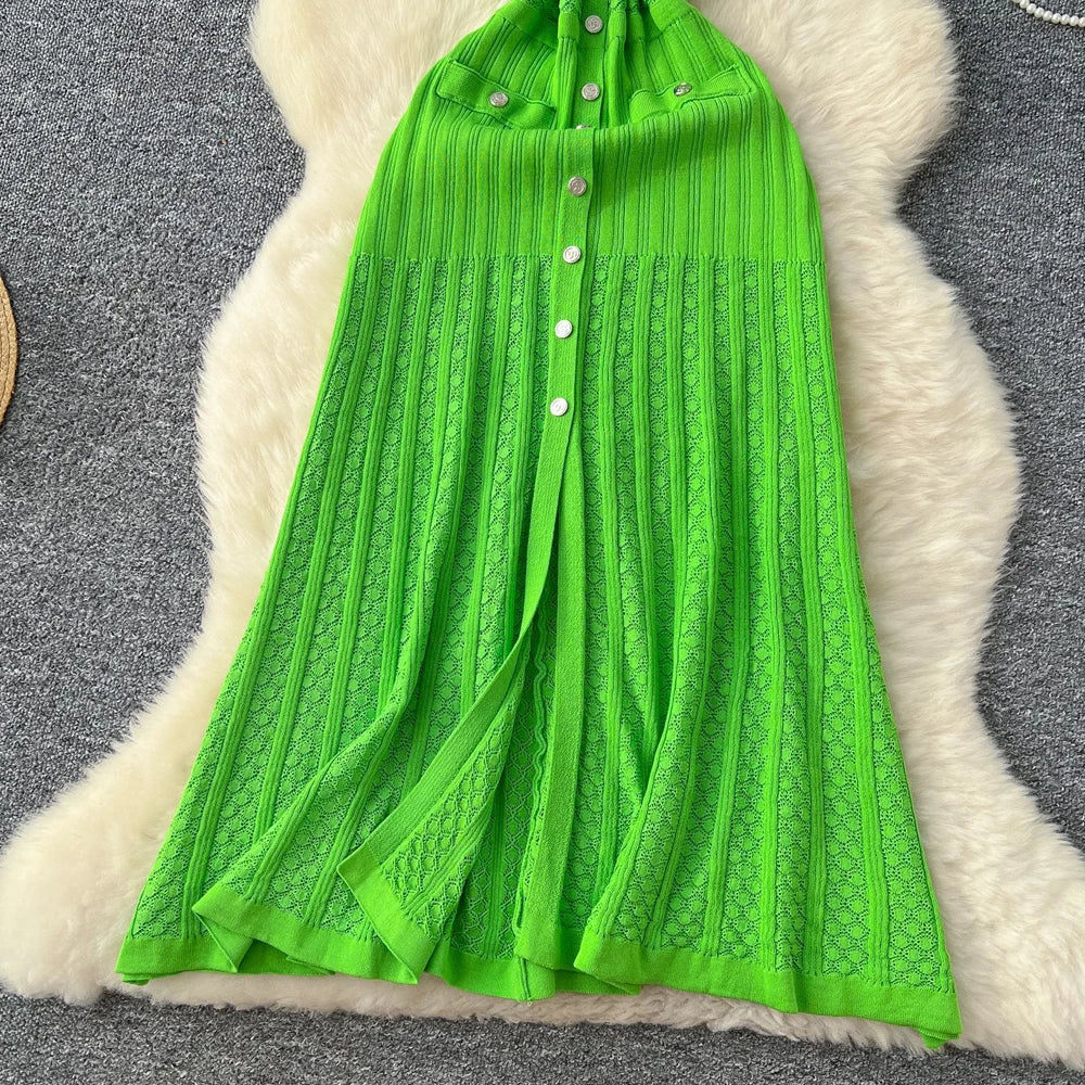 Button Front Knit Maxi Shirt Dress With Pockets