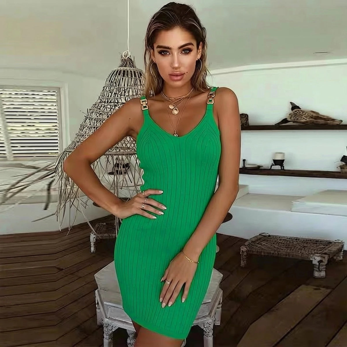 Ribbed V-Neck Spaghetti Strap Mini Dress