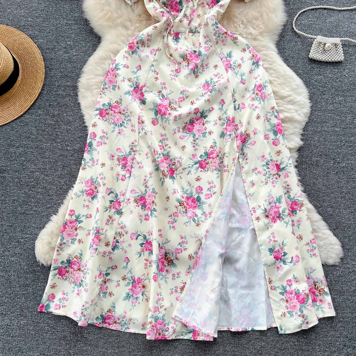Print Square Neck Puff Sleeve Split Dress