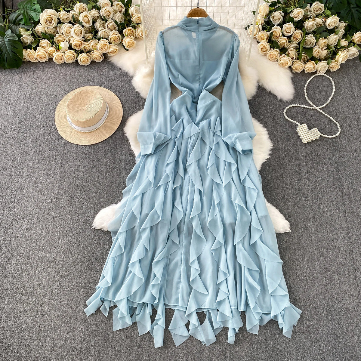 Ruffle Lace-Up Pleated V-Neck Dress