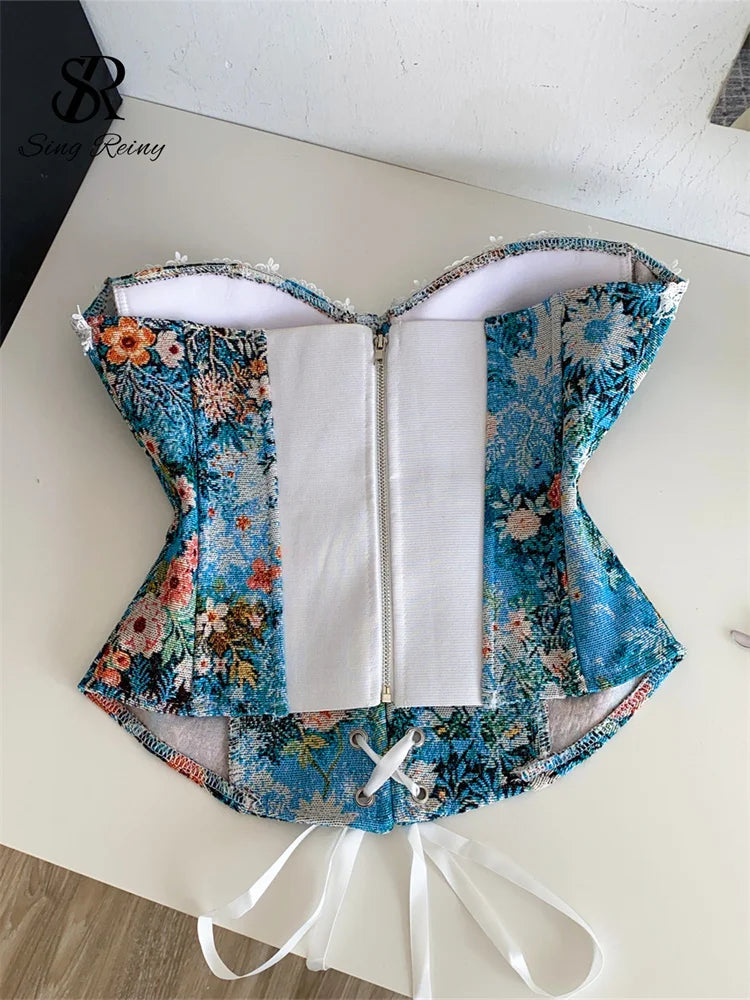 Floral Strapless Lace-Up Corset Top