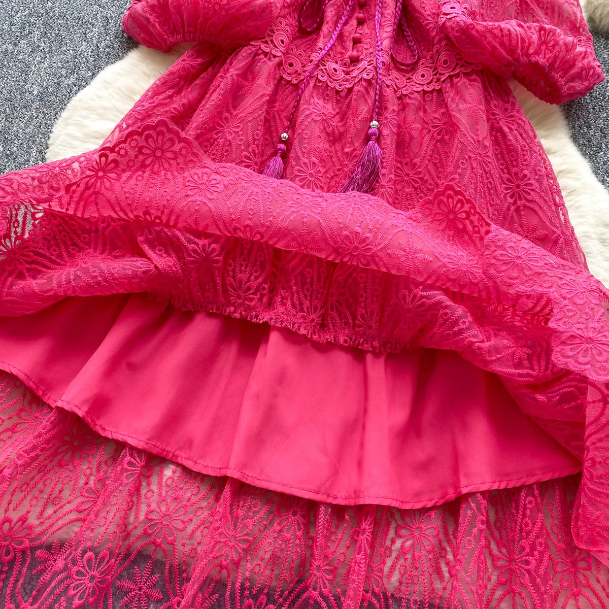 Embroidered Mesh Lace-Up A-Line Dress