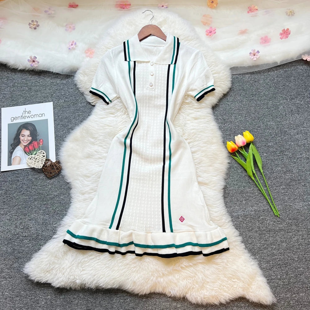 Vintage Collared Ruffled Knit Mini Dress