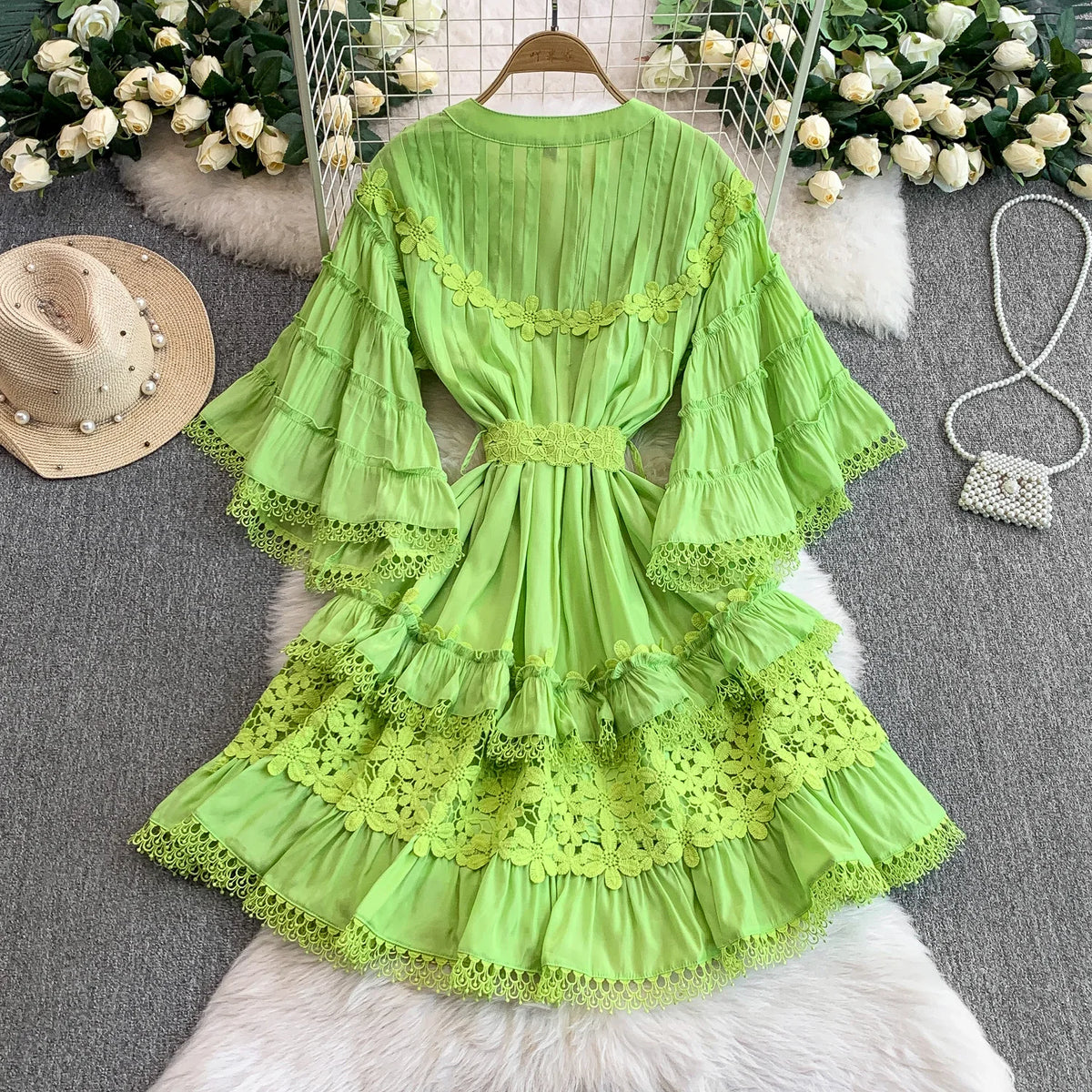 Spliced V-Neck Short Sleeve Beach Dress