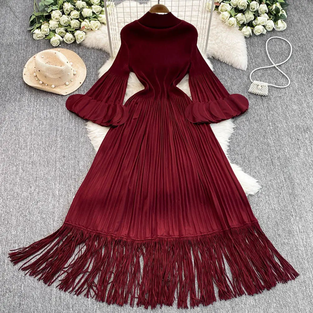 3D Petal Sleeve Turtleneck Pleated Maxi Dress