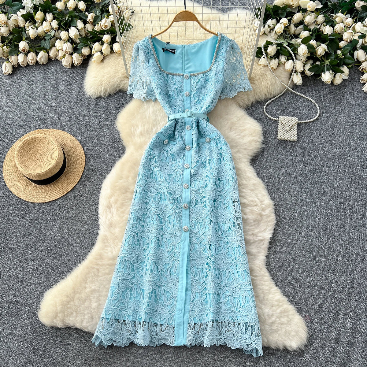 Square Neck Ruched Short Sleeve Maxi Dress