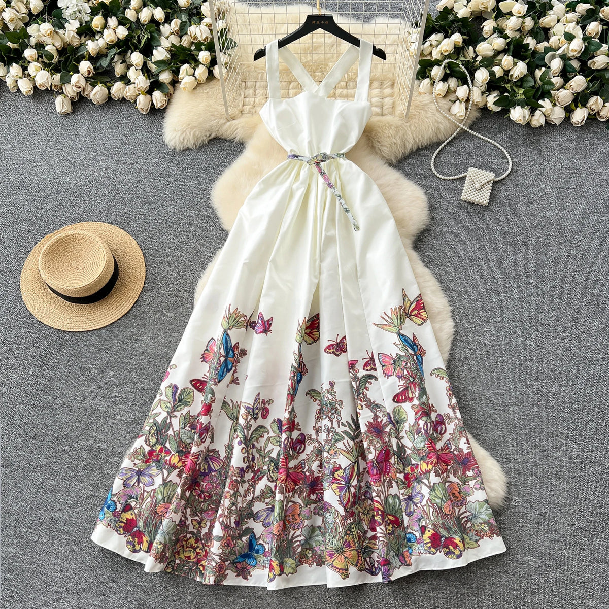 Print Square Neck Backless Dress