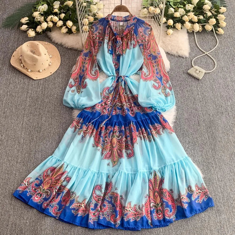 Butterfly Print Lace-Up A-Line Dress
