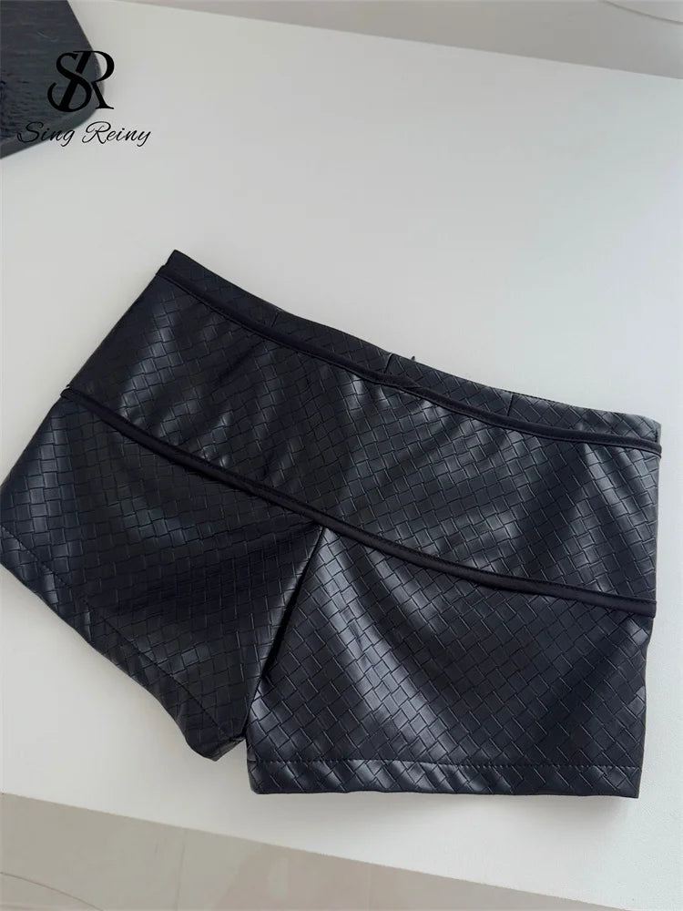 Black Woven Faux Leather Shorts