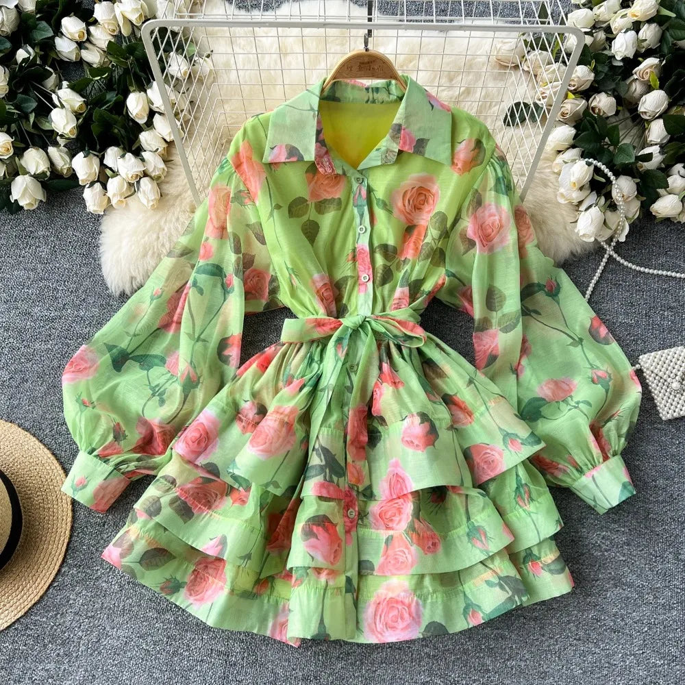 Polo Neck Print Lantern Sleeve A-Line Dress