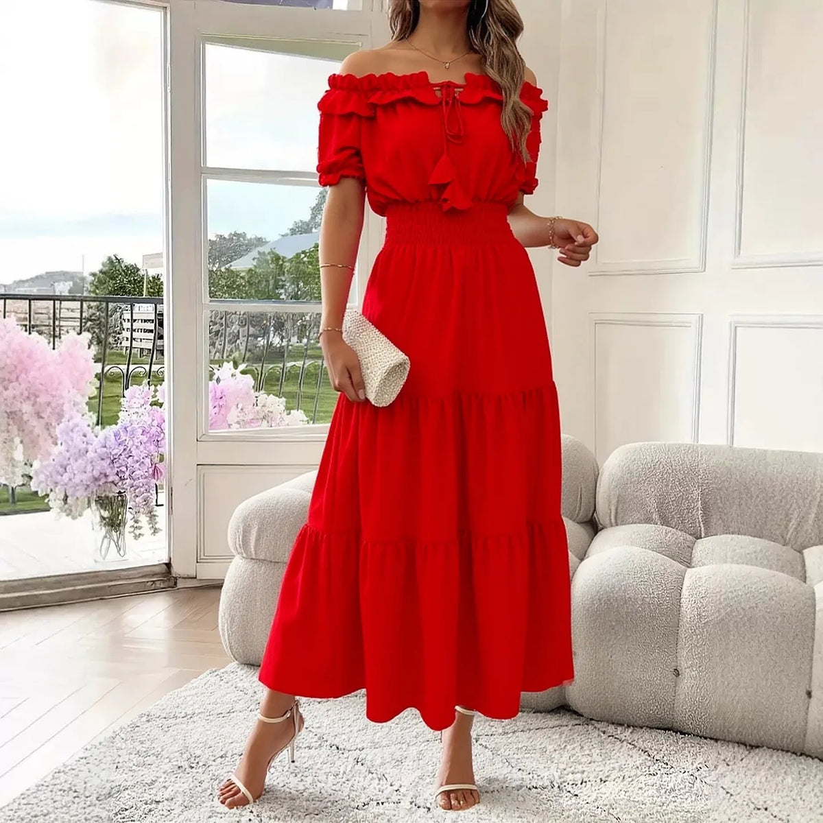 Solid Elastic Waist Maxi Sundress