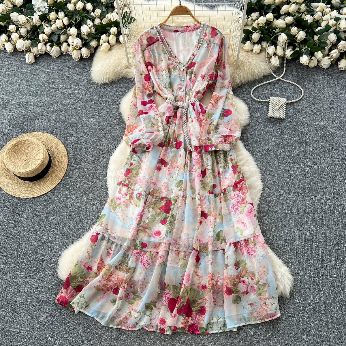 Rhinestone Chain Print Lantern Sleeve Long Dress