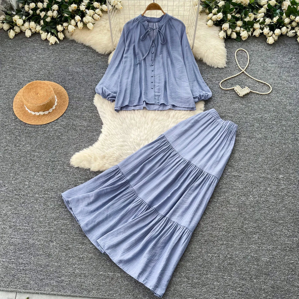 Tie Front Shirt and A-Line Skirt Set