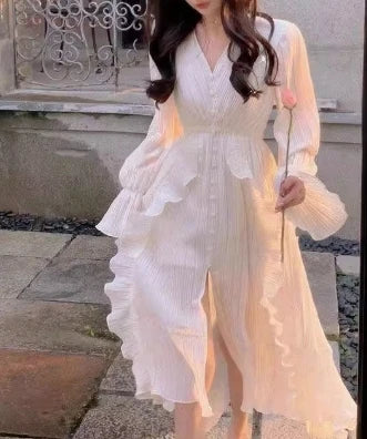 Ruffle V-Neck Long Sleeve A-Line Maxi Dress